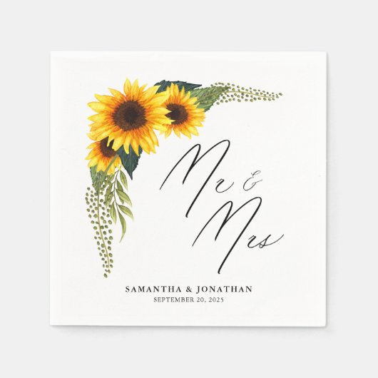 Rustieke Zonnebloemen Script Mr. en Mrs. Wedding Servet (Voorkant)