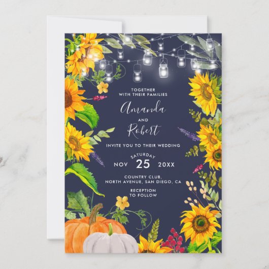 Rustieke Zonnebloemen String Lights Pompoen Navy B Kaart (Voorkant)