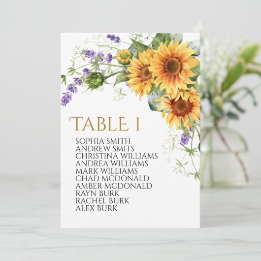 Rustieke zonnebloemen tafel nummer 1 zitkaart kaart (Staand voorkant)