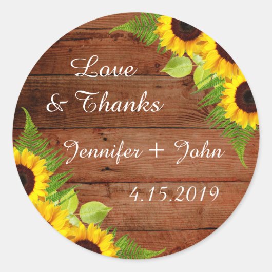 Rustieke Zonnebloemen Varen Trouwstickers Ronde Sticker (Voorkant)