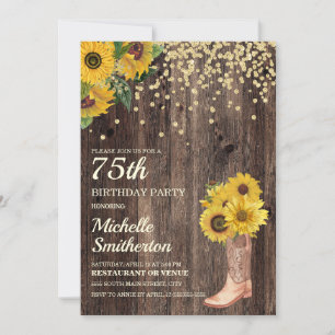 Rustieke zonnebloemlaarzen glitters 75ste verjaard kaart
