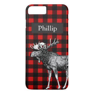 Rustieke Zwart & Rood Plaid Moose Aangepaste naam iPhone 8 Plus / 7 Plus Hoesje