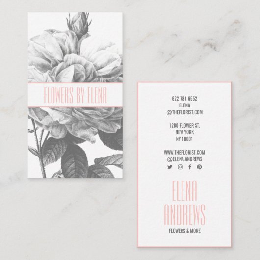 Rustieke zwart-witte rozenbloemen blush roze visitekaartje (Voorkant / Achterkant)