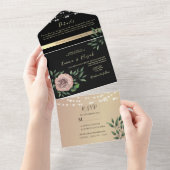 Rustieke zwarte en roze bloemenbruiloft all in one uitnodiging (Afscheurbaar)