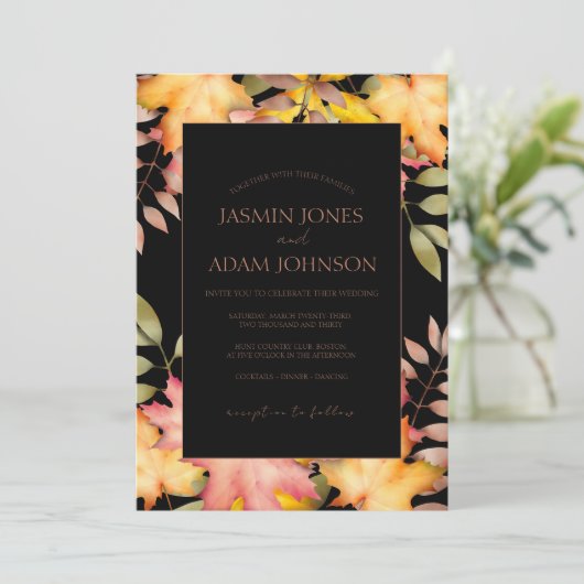 Rustieke zwarte Herfst herfst bladeren bruiloft Kaart (Staand voorkant)