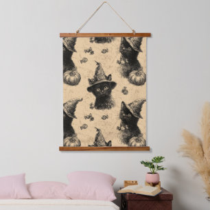 Rustieke Zwarte Kattenheks Halloween Patroon Hangend Wandkleed