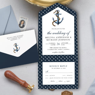 Rustig anker trouwfeest in marineblauw all in one uitnodiging