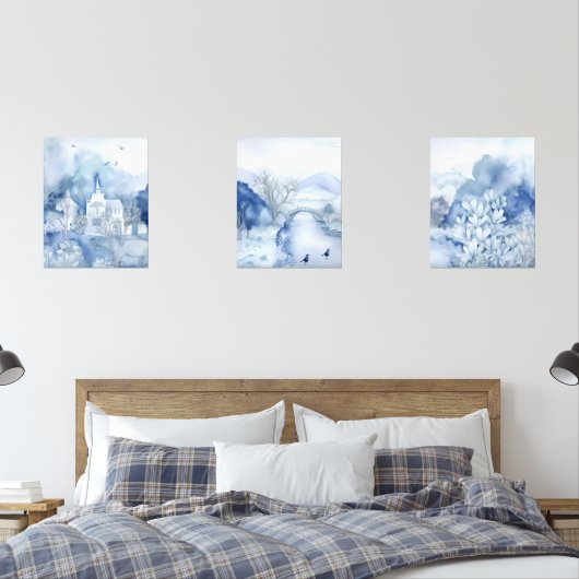 Rustig blauw dorp – Boho Landschap Muurkunst Sets (Slaapkamer)