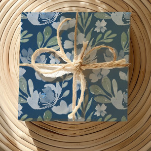 Rustig Blauw & Teal Bloemmotief in Waterverftechni Inpakpapier Vel