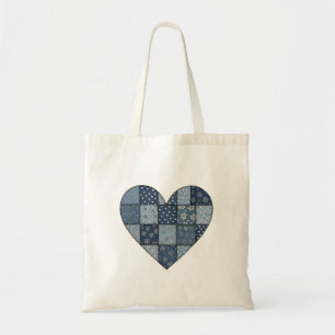Rustig blauwe denim patchwork hart illustratie tote bag