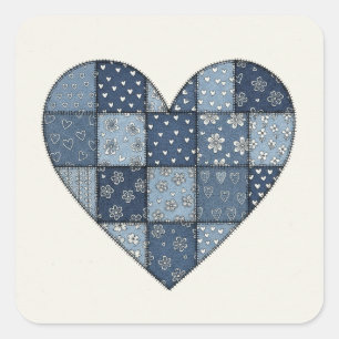 Rustig blauwe denim patchwork hart illustratie vierkante sticker