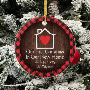 Rustig eerste kerstfeest nieuw huis hart geruit keramisch ornament