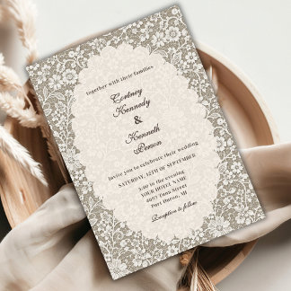 Rustig Elegant Ivoor Kant Romantisch Beige Trouw Kaart