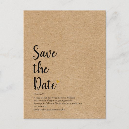 Rustig Gold Heart Script Save the Date Definition Briefkaart (Voorkant)