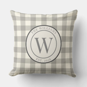 Rustig Grijze Gingham Monogram Familiewapen Kussen