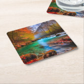 Rustig herfst rivierlandschap vierkante kartonnen onderzetter (Schuin)
