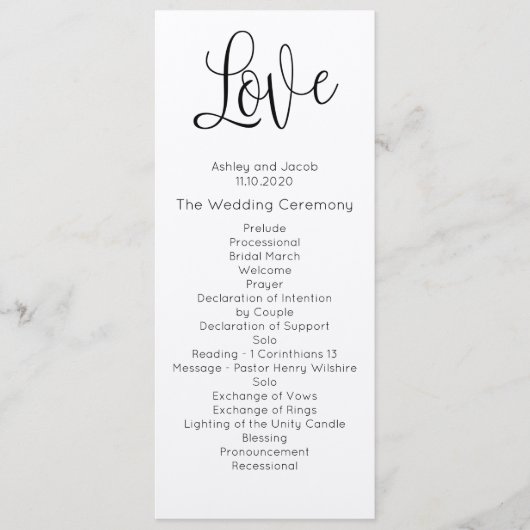 Rustig huwelijksprogramma. Liefde. Kraft ceremonie Programma (Voorkant)
