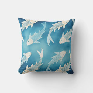 Rustig Indigo Koi-ontwerp Elegante Waterverf Kunst Kussen