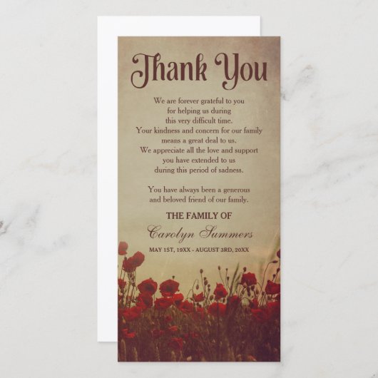 Rustig klaprozenveld | Condoleance dankjewel Bedankkaart (Voorkant / Achterkant)