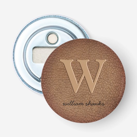 Rustig leer zwart goud script monogram stijlvol  button flesopener (Voorkant)
