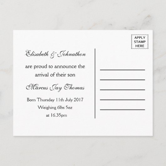 Rustig maar, we hebben een kleine jongen gehad, Ba Aankondigingskaart (Achterkant)