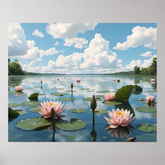 Rustig meer met water Lily Flowers en bewolkte hem Poster (Voorkant)