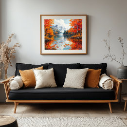 Rustig meer omgeven door herfstbomen imitatie canvas print