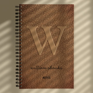 Rustig monogram gouden script naam bruin leer notitieboek