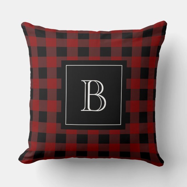 Rustig Monogram Rode Zwarte Buffalo Check Plaid Kussen (Voorkant)