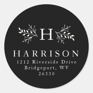 Rustig monogram zwart-wit retouradres ronde sticker