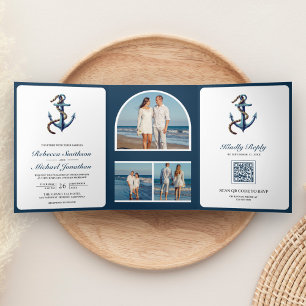 Rustig Navy Blauwe Anker Touw Foto QR Code Trouwen Drieluik Uitnodiging