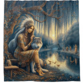 Rustig riviermoment met een wolf douchegordijn (Voorkant)