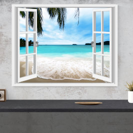 Rustige 3D zee- en strandgezicht uit het raam Poster