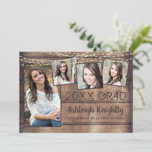 Rustige Afstuderen Foto Collage Wood String Lights Aankondiging (Staand voorkant)