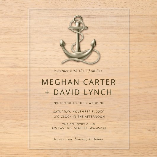 Rustige  Anchor Nautical Wedding Acryl Uitnodigingen (Voorkant)