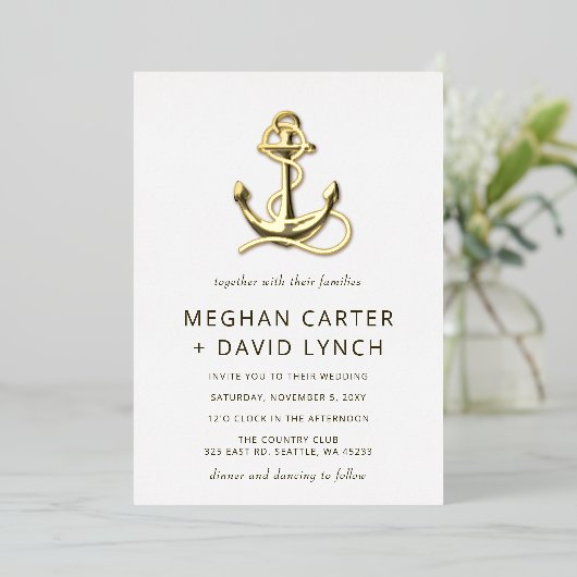 Rustige Anchor Nautical Wedding Folie Uitnodiging (Staand Voorkant)