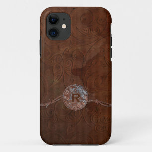 Rustige Antiek look in reliëf lederen monogram iPhone 11 Hoesje