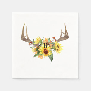 Rustige Antlers Sunflower Monogram Wedding Cocktai Servet