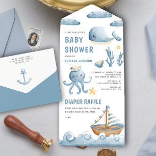 Rustige Aquarel Schattige Nautilus Babyshowers All In One Uitnodiging
