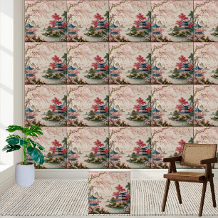 Rustige Aziatische Bloesem & Pagoda Chinoiserie Te Tegeltje