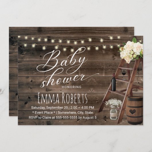 Rustige Baby shower met wijnloop en houten ladder Kaart (Voorkant / Achterkant)
