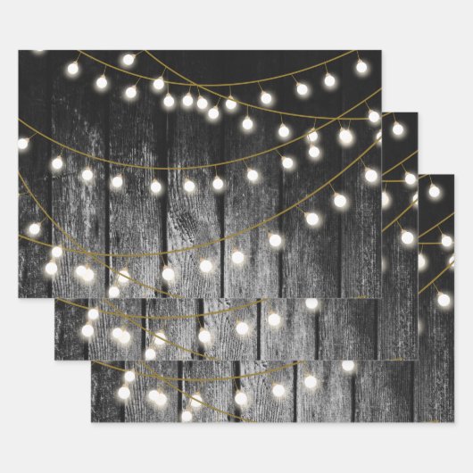 Rustige Barn Black Wood Gold String Lights Inpakpapier Vel (Set)