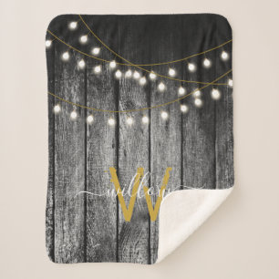 Rustige Barn Black Wood Gold String Lights Monogra Sherpa Deken