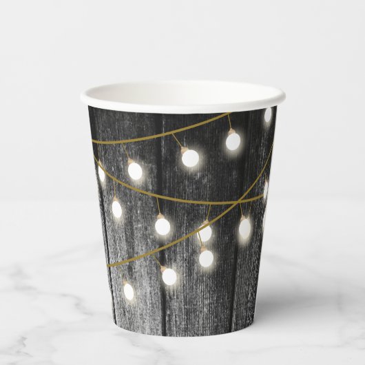 Rustige Barn Black Wood Gold String Lights Papieren Bekers (Achterkant)