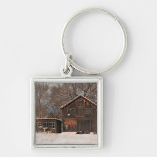 Rustige Barn & Cottage sneeuwscène Sleutelhanger
