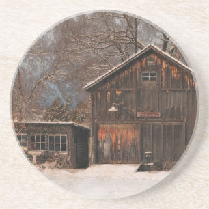 Rustige Barn & Cottage sneeuwscène Zandsteen Onderzetter