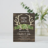 Rustige Barn Wood Succulent Antlers Land Chic Aankondigingskaart (Staand voorkant)