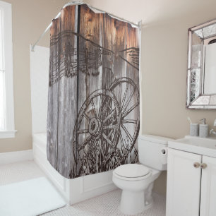 Rustige Barnwood Wagon Wheel Douchegordijn