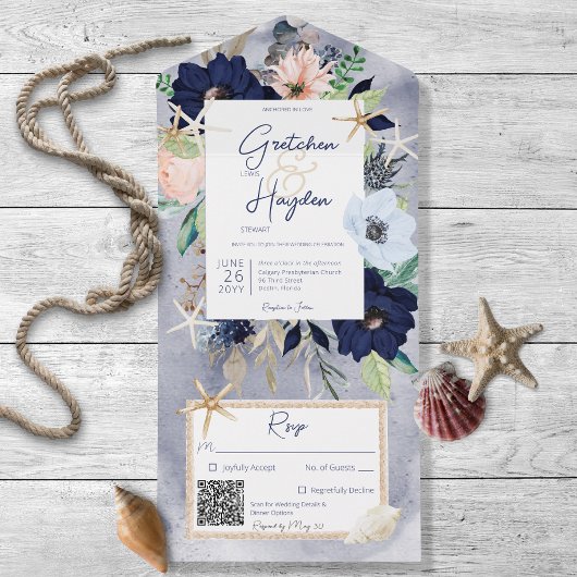 Rustige Beach Blue Nautical QR Code All In One Uitnodiging