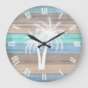 Rustige Beach Wood Nautical and Stripes Palm Trees Grote Klok